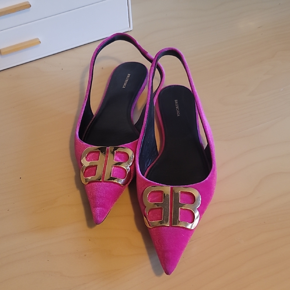 Balenciaga Fuchsia Slingback Heels with Gold Logo